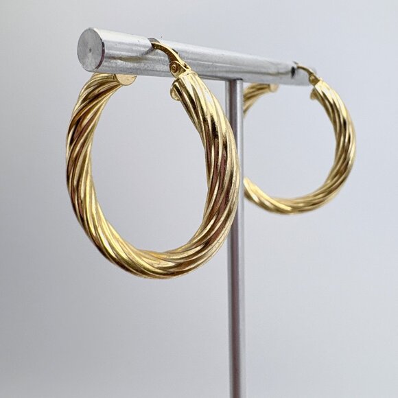 Gold Over Sterling Silver 925 Twist Hoop Earrings Hinged Posts 1.25" Diameter - Picture 2 of 9